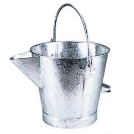 Galvanised steel pouring bucket with V pouring lip and handles on a white background