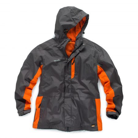 Graphite and orange polyester ripstop worker jacket with Scruffs branding, a hood, multiple pockets and orange mesh lining