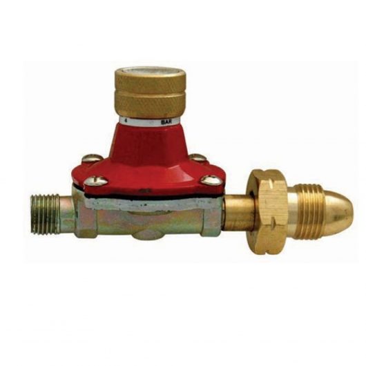 Red and gold metal 0-4 bar propane gas regulator on a white background