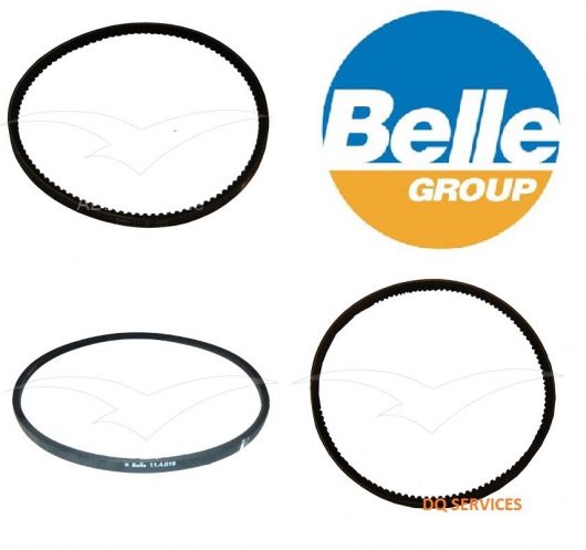 Three black drive belts for various models of Belle compactor machines next to Belle logo on a white background