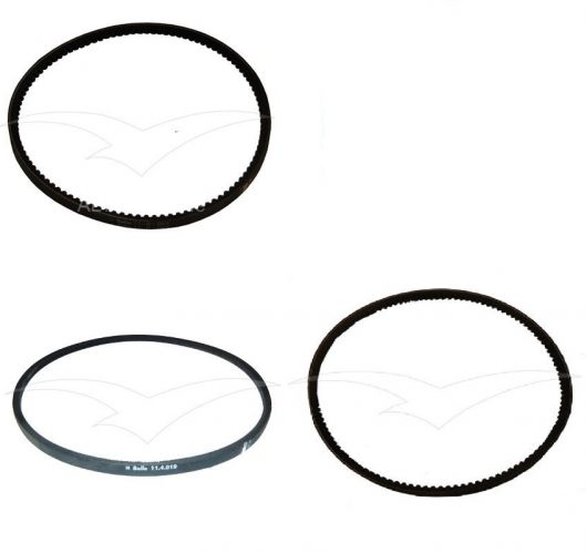 Three black drive belts for various models of Belle compactor machines on a white background