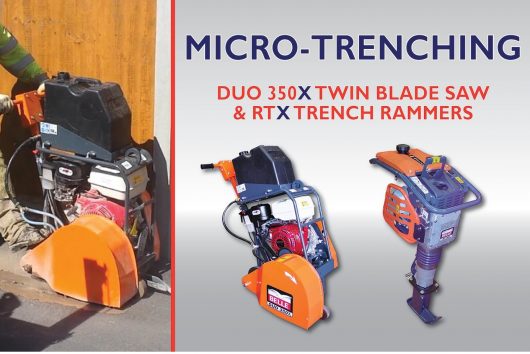 Micro-trenching poster with Belle twin blade floorsaw duo 350X and RTX trench rammer on