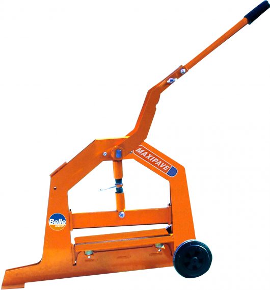 Orange metal Maxipave block cutter with long handle, wheels on the back and Belle branding on the side