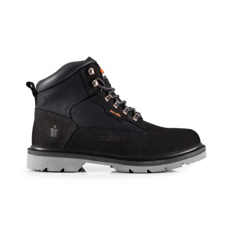 Side view of the Black nubuck leather Scruffs twister safety boot with orange Scruffs text logo on the side