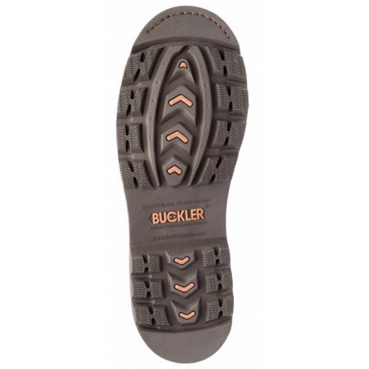 Bottom view of the Buckler B301SM safety boot sole with brown Buckler boots logo in the centre of the sole