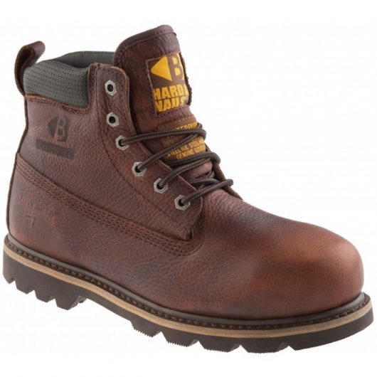 Dark brown weathergrain leather Buckler B750SMWP lace up safety boot with yellow Buckler logo on the tongue
