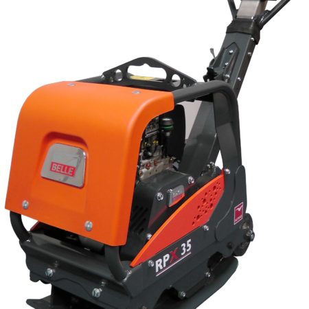 Belle RPX 35 reversible plate compactor with orange casing and metal Belle logo on the front