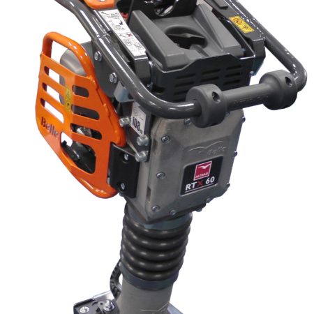 Belle RTX 60 trench rammer with orange Belle branded casing around engine and handles and small square metal foot