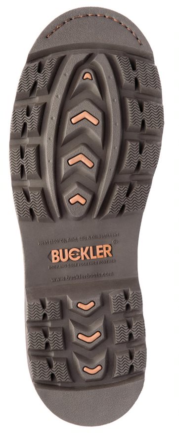 Shows the sole of Buckelr B1555sm with orange accents