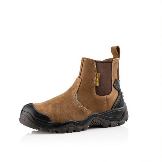 Shows Buckler BSH006BR safety boot with elasticated side panels and leather pullie tab
