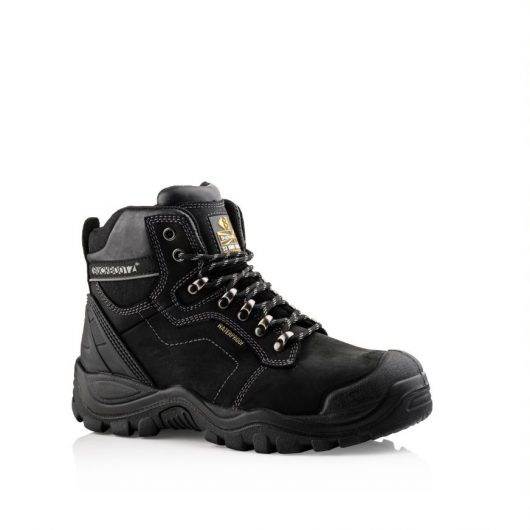 This image shows Buckler 009 safety boots in black with scuff guard and padded collar