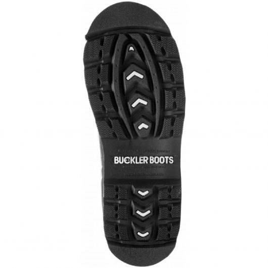 Bottom view of Buckler BBZ6000BK safety wellington boot sole with grey Buckler logo in the centre of sole