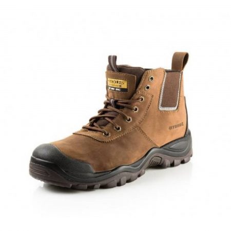 Brown nubuck leather Buckler BHYB2 lace safety boot with yellow 'Buckler Hybridz' logo on tongue and Hybridz branding on side
