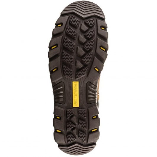 Bottom view of the Buckler BSH010BR safety boot sole with yellow Buckler boots logo in the centre of the sole