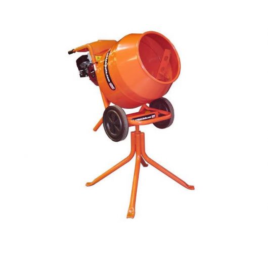 Compact and portable Orange Belle Minimix 150 with wheels, on its stand on a white background