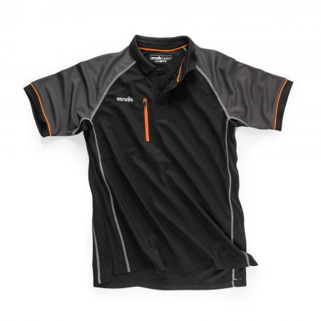 Scruffs trade active polo in black with graphite raglan sleeves, contrasting grey stitching and orange detailing