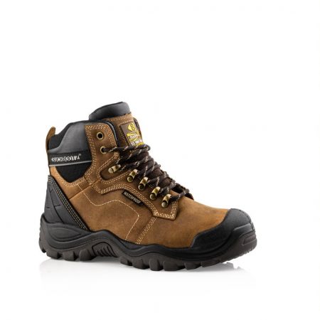 This image shows Buckler 009 safety boot in brown with scuff guard and padded collar/tongue for comfort and support