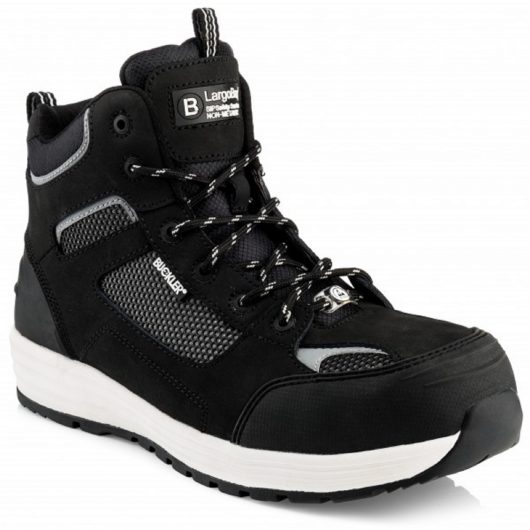 Leather lace up Buckler Baz safety boot in black with white soles on a white background