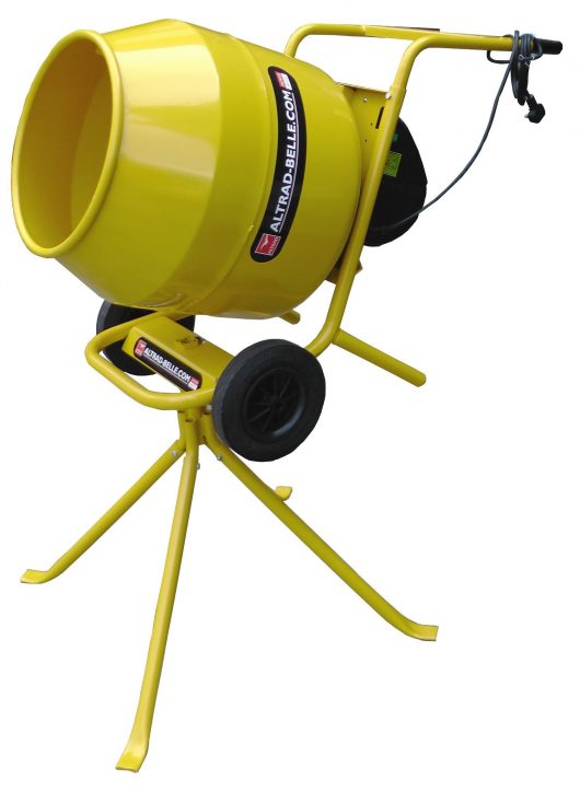 Compact and portable Yellow Belle Minimix 140 with wheels, on its stand on a white background