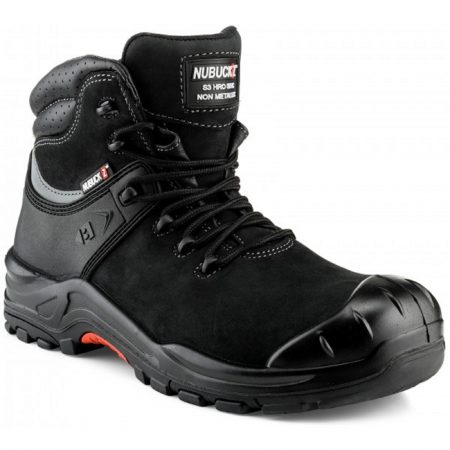 Buckler NKZ102BK lace up safety boot made from a black nubuck leather with contrasting grey stitching on a white background
