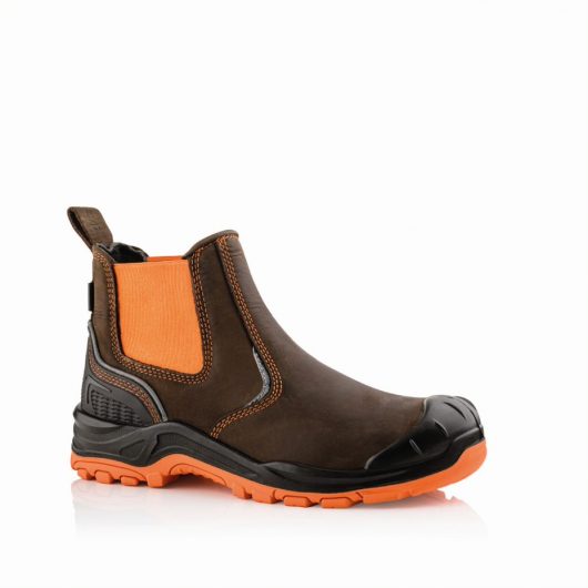 This image shows a side view of the Buckler BVIZ3 Orange/Brown Safety Dealer boot