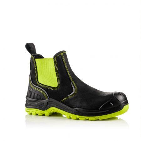 This image shows a side view of the Buckler BVIZ3 Yellow/Black Safety Dealer boot