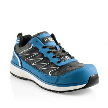This image shows a side view of Buckler Guyz blue safety trainer with mesh upper