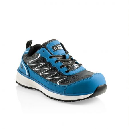 This image shows a side view of the Buckler Liz safety trainer in Blue with black and white detailing