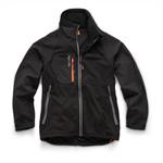 This image shows the front of the Scruffs trade flex softshell black jacket with orange zip and grey detailing