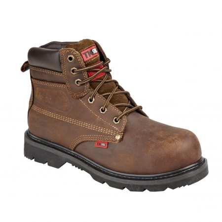 This image shows the TuffKing Alder brown boot with metal loops and padded collar/tongue