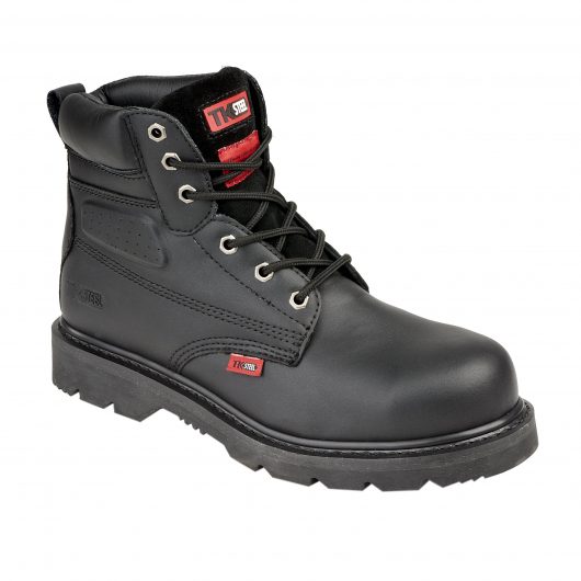 This image shows the TuffKing Alder black boot with metal loops and padded collar/tongue