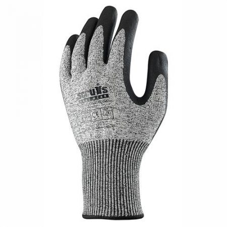 This image shows the back of Scruffs cut resistant gloves with small scruffs logo and two-tone grey colouring