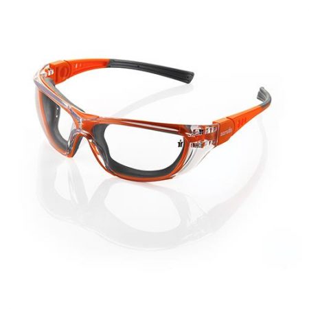 This image shows the Scruffs Falcon safety specs in orange with grey detailing