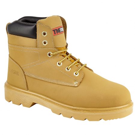 This image shows TuffKing Hayes Nubuck Honey safety boot with padded collar and metal loops