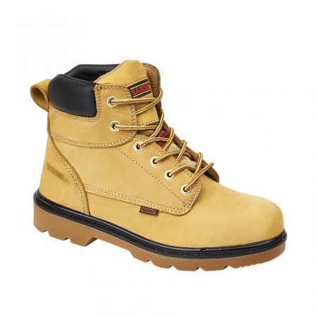 This image shows the SamsonXL Salem safety boot in honey nubuck with black padded collar and sole trim