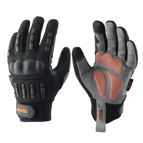 This image shows Scruffs Trade Shock Impact working gloves with silicone palm grip, padded knuckles and discreet orange scruffs branding on the back