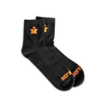 This image shows Scruffs worker lite black quarter cut socks with orange scruffs branding at the toe and top of the sock