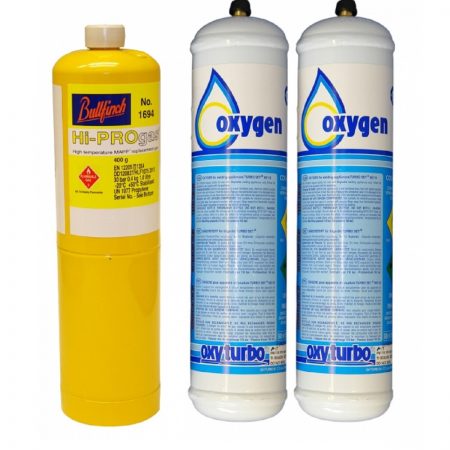 one Mapp Gas Cylinder with two Oxygen cylinders for oxyturbo 110 sets
